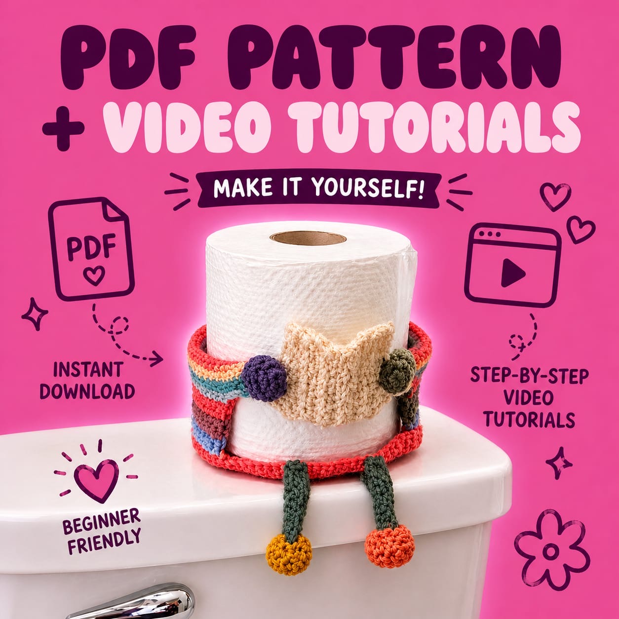 Pink Toilet Paper Holder Crochet (PDF Pattern + Vid tutorials)