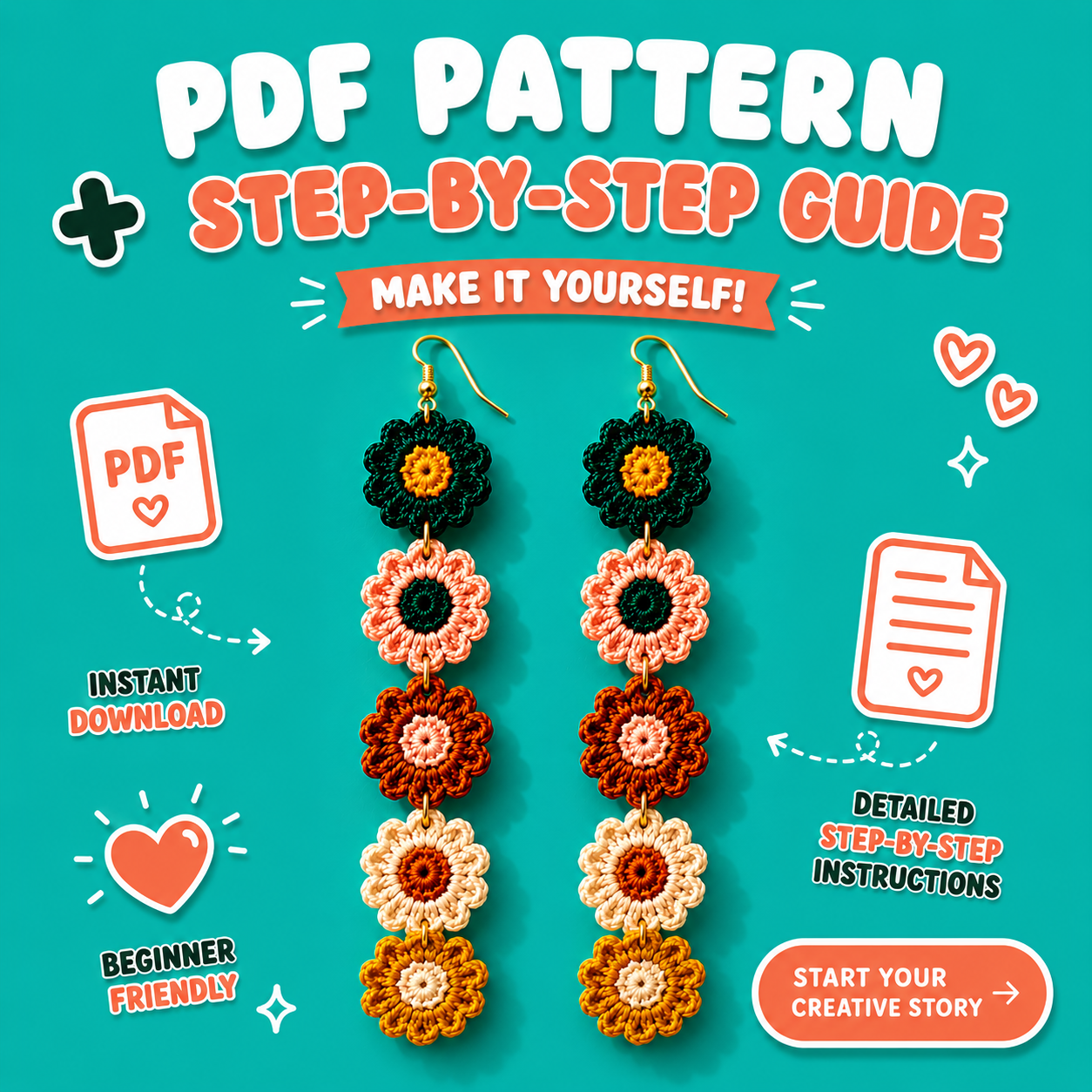 Crochet Flower Earrings PDF Pattern – Daisy Boho Jewelry Tutorial